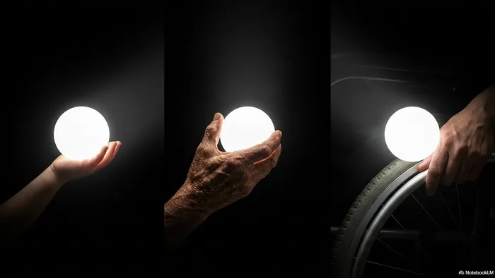 A child's hand, an elderly hand, and a hand beside a wheelchair wheel - each holding a glowing ball