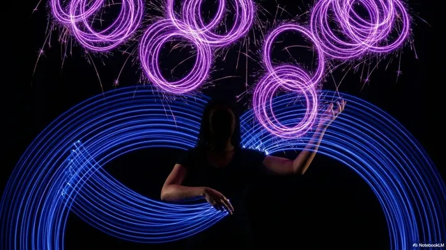 A woman standing with her back partially to the viewer, surrounded by large sweeping blue neon ring arcs at her level and multiple small glowing purple rings with sparks multiplying above her head